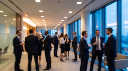 Fototapeta premium Professional business people in formal wear conversing at a corporate event within a bright contemporary office building corridor featuring large windows