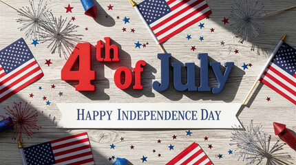 Fototapeta premium Independence Day celebration features red and blue typography alongside American flags and festive confetti on a rustic wooden surface.