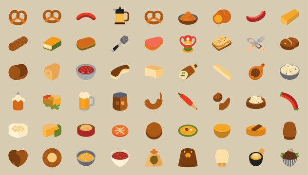 A collection of flat design icons depicting various food items, drinks, and kitchen utensils on a neutral background.