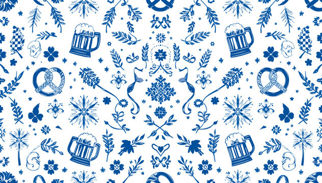 Seamless blue and white Bavarian folk art pattern featuring beer mugs, pretzels, wheat, and traditional decorative elements for Oktoberfest.