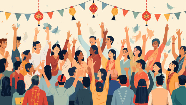 A large, diverse group of people celebrating together with arms raised under festive decorations, symbolizing unity and joy.
