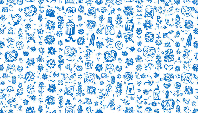 A seamless pattern of blue hand-drawn Bavarian and Oktoberfest themed doodles on a white background, featuring pretzels, beer steins, hearts, and floral motifs.