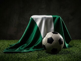 Fototapeta premium Nigerian flag draped over object with soccer ball on grass