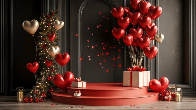 A 3D rendering stock photo depicting a Valentine's Day podium decorated with heart-shaped balloons, a gift box, and confetti.