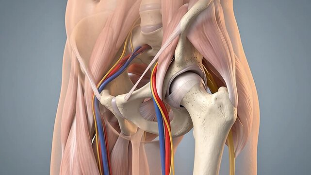 3D Medical Animation of Human Hip Joint Anatomy with Femoral Head, Acetabulum, Muscles, Blood Vessels and Nerves on Gray Background