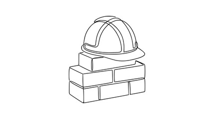 Fototapeta premium Construction Hard Hat on Brick Stack - Minimalist Line Art