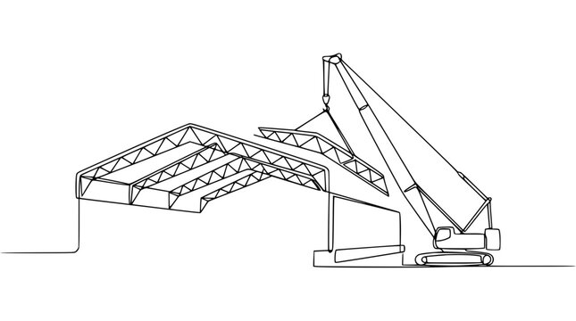 Crane lifting steel truss for industrial building construction, minimalist line art