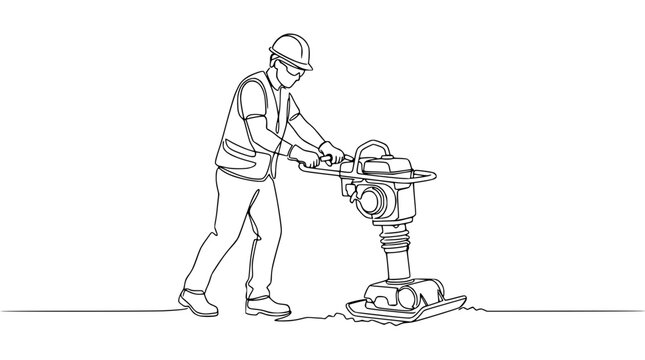 Construction worker operating a plate compactor for soil compaction, single line drawing