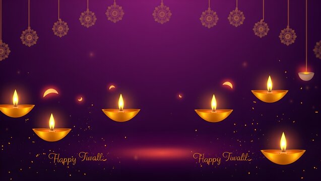 Modern Diwali Festival Background with Golden Diyas and Mandala Patterns