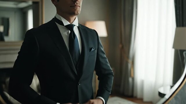 Elegant man in formal suit buttoning jacket in luxurious setting