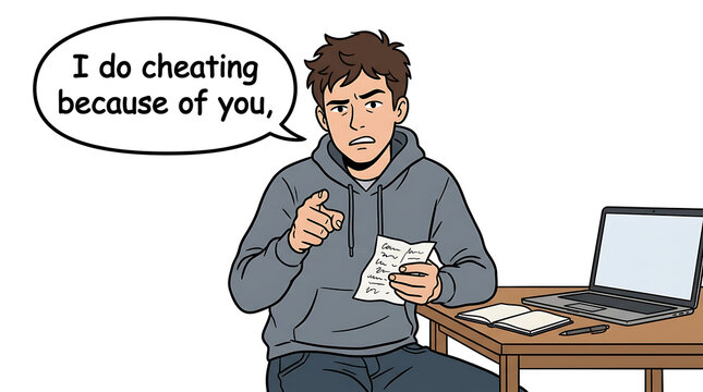 A frustrated young man accuses someone of causing him to cheat while studying at a desk with a laptop.
