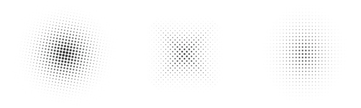 Three halftone dot patterns in varying sizes against a clean white background with selective focus