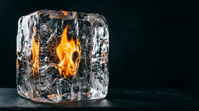 Vivid Orange Flame Burning Inside a Melting Ice Cube on Dark Background
