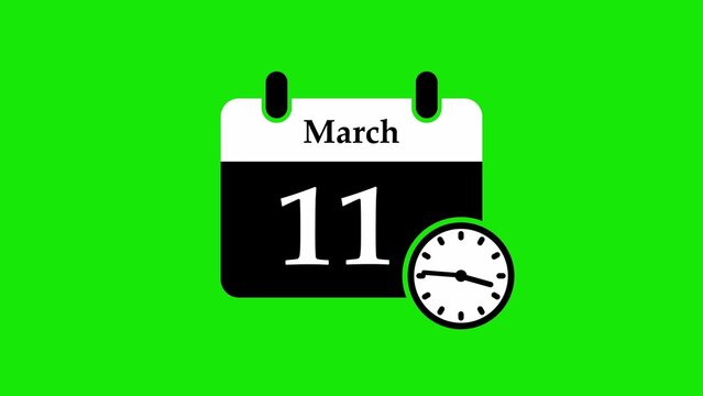 Calendar date march 11 with analog clock on green background, flat