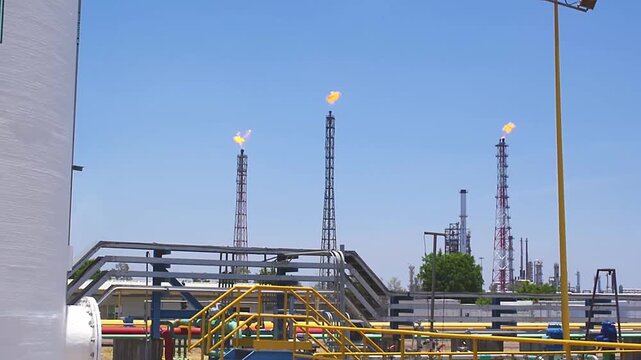 Petrochemical industry in Mexico: gas flares at the PEMEX "Ing. Antonio M. Amor" refinery in Salamanca, Guanajuato, Mexico.