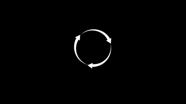 Three white arrows forming a circular rotation symbol on white background.refresh arrow icon Abstract arrow refresh and recycle icon. 4k Animation video on Black Background