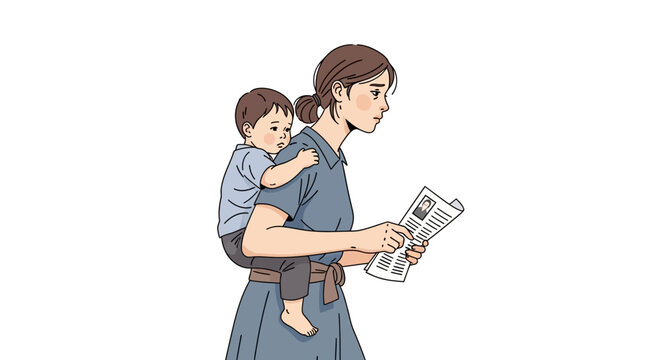 Tired Mother Carrying Toddler While Reading Newspaper