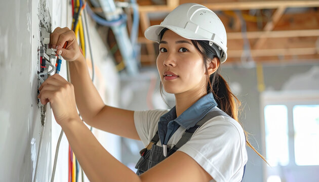 Female Electrician Installing Wiring in Home Renovation Site