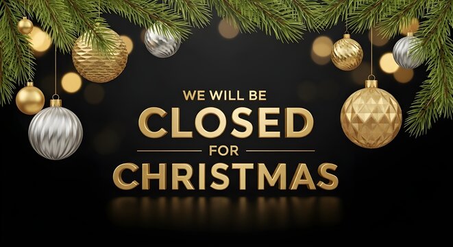 Christmas holiday closure sign with gold and silver baubles, pine branches, and bokeh lights on a black background festive seasonal announcement for business hours or holiday break