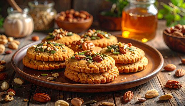 Healthy Homemade Nut and Seed Cookies on a Rustic Wooden Table