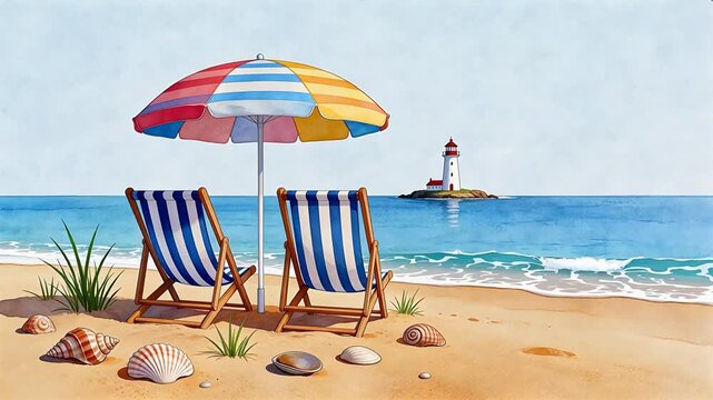 Beach chairs under umbrella near lighthouse