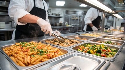 Obraz premium Professional chef in white uniform and gloves serving fresh hot pasta and vegetables from stainless steel buffet trays in commercial kitchen environment for restaurant catering service