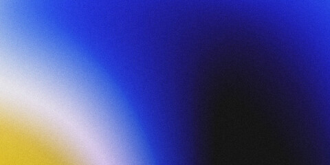 Wide horizontal abstract grainy texture background with soft noisy gradient shifting from golden yellow, pale white, vibrant royal blue to deep black. © yun visual