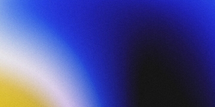 Wide horizontal abstract grainy texture background with soft noisy gradient shifting from golden yellow, pale white, vibrant royal blue to deep black.