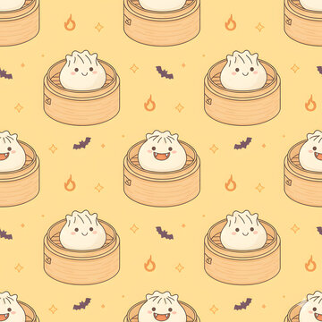 seamless pattern of cartoon dim sum baskets filled with ghost-shaped dumplings