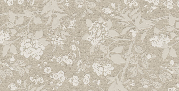 A light beige textured background featuring an elegant embossed floral pattern of roses and leaves.