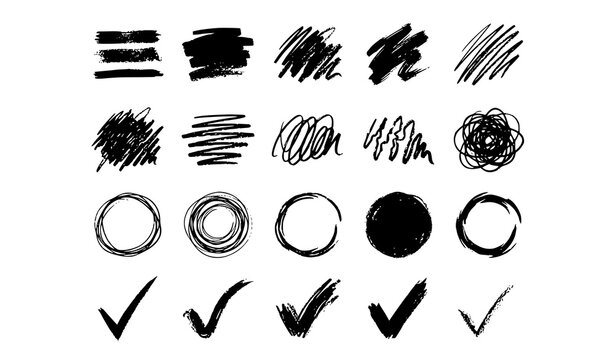 Hand drawn brush stroke textures and check mark symbols with scribble illustration abstract