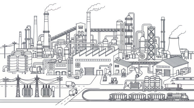 Industrial Complex Factory with Smoke Stacks and Transportation - Black and White Line Drawing