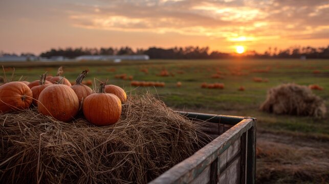 A harvest scene with pumpkins piled on a hay wagon, with the sun setting over a pumpkin patch in the background.