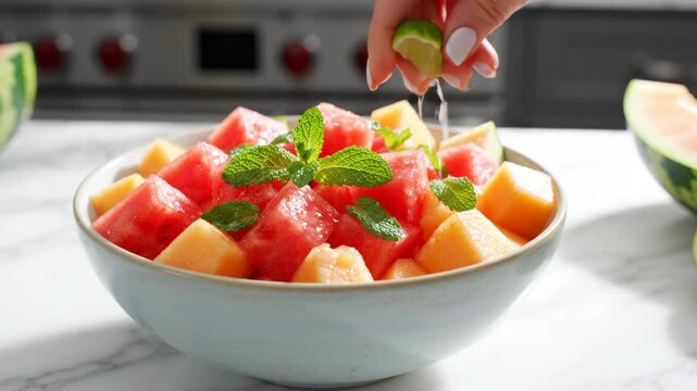 Fresh watermelon and cantaloupe fruit bowl with mint garnish, healthy summer snack featuring vibrant fruit cubes, fresh lime juice, and colorful ceramic bowl for refreshing, healthy summer treat