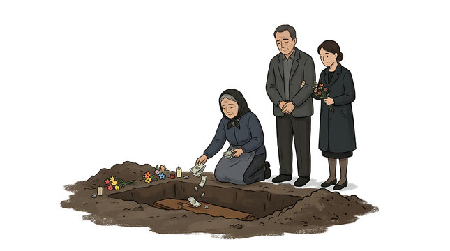 A woman kneels beside a grave, placing flowers, as a man and woman stand behind her, observing the somber burial scene.
