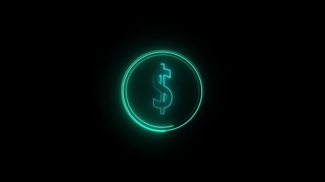 neon Dollar coin icon for finance and currency applications in black background
