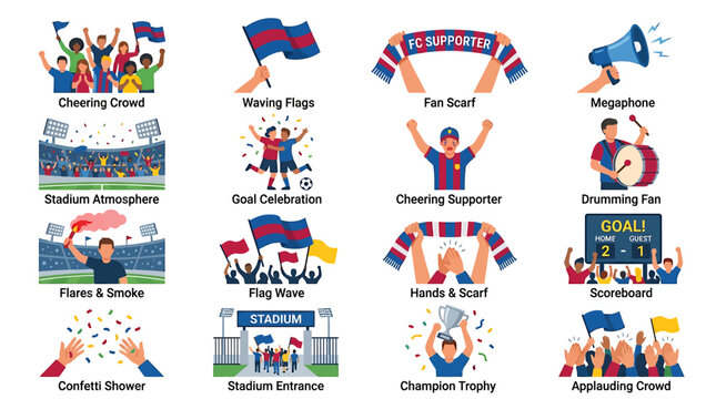 Fans celebrate with flags and banners at the stadium