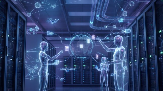 Futuristic digital network in a server room with human-like figures interacting with a holographic global data system, illustrating advanced artificial intelligence and worldwide connectivity