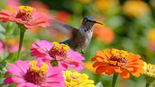 Hummingbird feeding vibrant pink, orange, and yellow zinnia flowers garden, surrounded by lush green foliage and colorful blooms, displaying iridescent green feathers, rapid wing movement