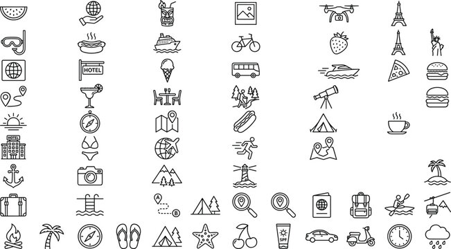Clean outline style tourist trip and holiday symbols collection minimalist global voyage vector graphic design template