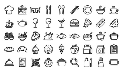 Naklejka premium Professional Restaurant and Culinary Thin Line Icon Set with Food Service Menu Kitchen Dining Symbols Editable Vector Collection for Branding Web and Mobile Apps