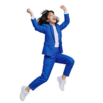 Asian woman jumps in front of a white background wearing a blue suit in a joyful and energetic pose.