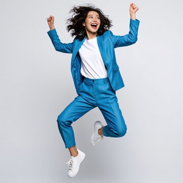 Asian woman jumps in front of a white background wearing a blue suit in a joyful and energetic pose.