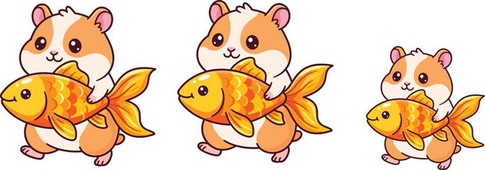 Fototapeta premium Cute Hamster Holding Goldfish Character Collection Vector Set with Adorable Pet Animal Mascot in Multiple Sizes and Poses