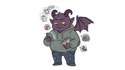 Fototapeta premium A cartoon demon character in a hoodie holding a phone surrounded by icons outside.
