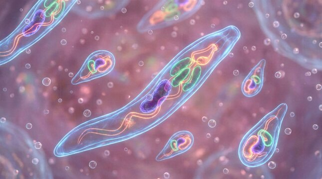 Detailed visualization of single celled parasitic organisms swimming in bloodstream for immunology and scientific laboratory backgrounds.