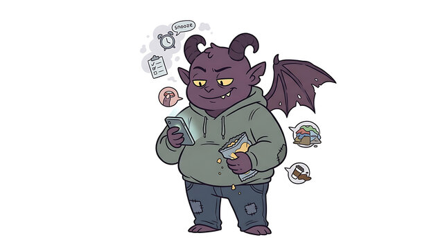 A cartoon demon character in a hoodie holding a phone surrounded by icons outside.