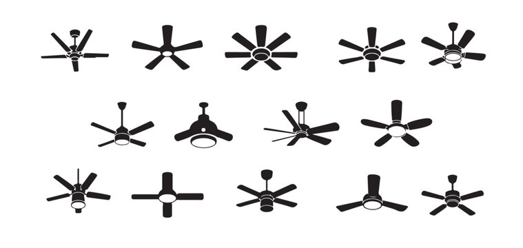 Large set of various ceiling fan silhouettes for interior design