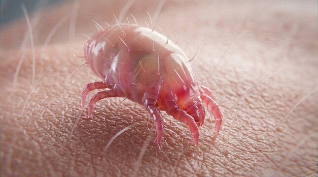 Close up visualization of an allergenic house dust mite on skin pores emphasizing microscopic pests and dermatological health issues.