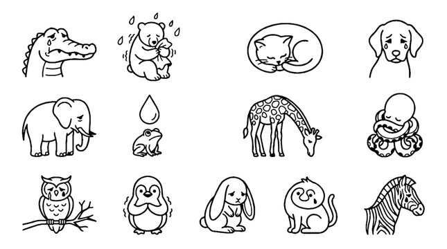 Collection of Sad and Crying Cartoon Animals in Black and White Line Art Style.